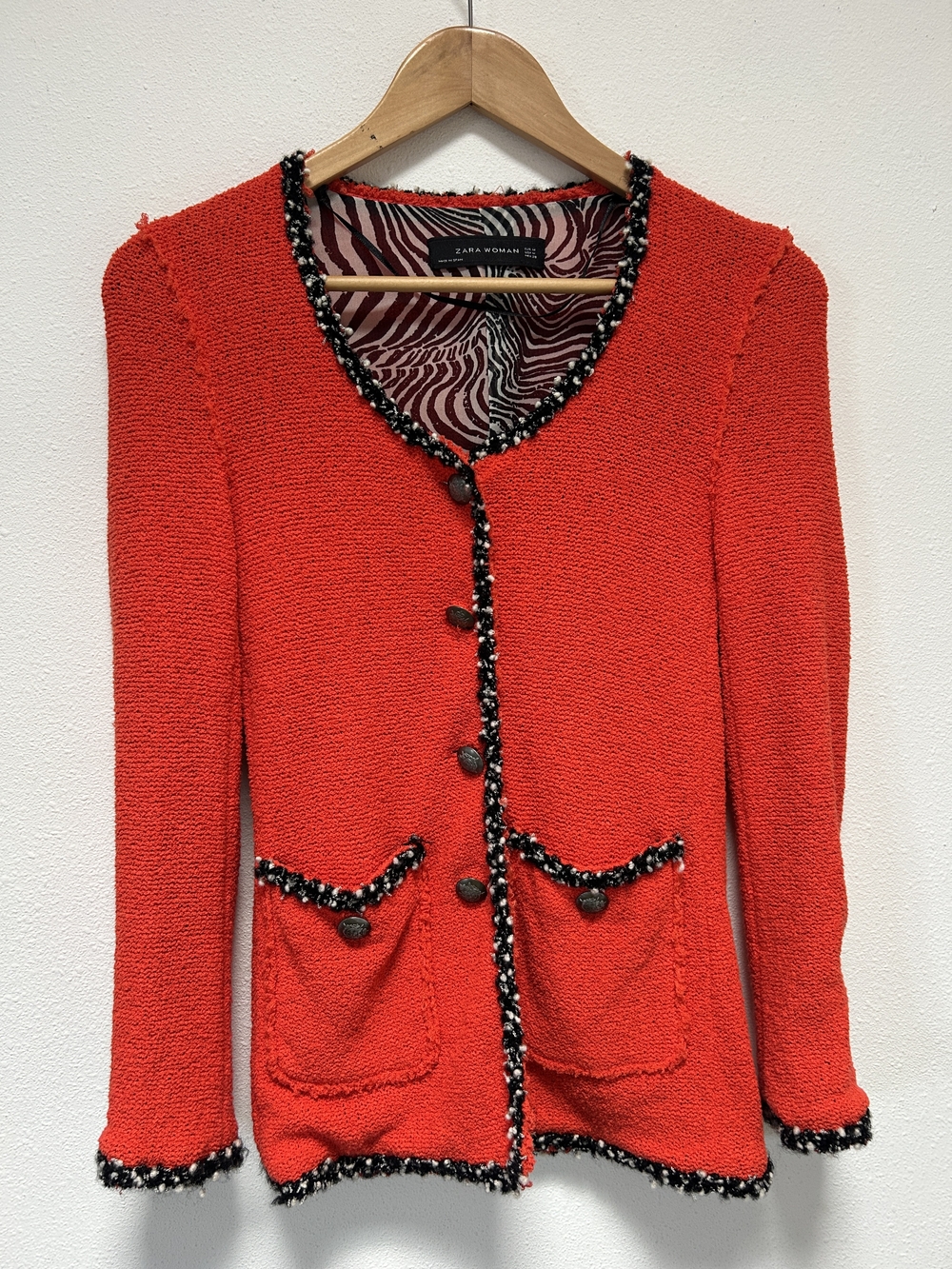 Zara Red Bouclé Jacket with Contrast Trim